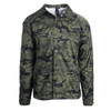 A camouflage coaches jacket in shades of green, featuring a button-up front and a collar. It includes a logo.