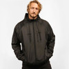A black nylon jacket with a hood and adjustable drawstrings features a sleek, lightweight design. It has a logo.