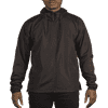 A lightweight black windbreaker jacket with a hood, featuring a zipper and drawstring adjustments.