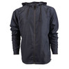 A lightweight black windbreaker jacket featuring a hood and a zip closure, with adjustable drawstrings.
