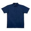 A navy blue polo shirt with a collared neckline and three button placket. It has a logo on the chest.