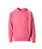 A pink toddler pullover hoodie with a front pocket and a hood, featuring a logo on the label.