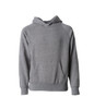 A grey pullover hoodie with a front pocket and a hood, featuring raglan sleeves. It has a logo on the front.