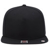 A black snapback cap featuring a flat brim and a grey undervisor, with an embossed logo on the side.