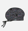 A printed unisex bouffant cap in grey featuring a colourful pattern of hearts and paw prints. It has a tie strap.