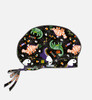A printed unisex bouffant cap featuring a colourful design with various animals and Halloween themes on a black background.