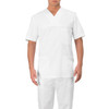 A white tunic with short sleeves, featuring two front pockets and a V-neck design. It includes a logo on the chest.
