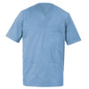 A blue Alberto Tunic featuring short sleeves and multiple pockets. The design includes a v-neckline and a logo.