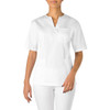 A white tunic featuring short sleeves and a pocket, designed for professional wear.