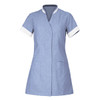 Aurelia Tunic in blue with white accents, featuring a short sleeve design and two front pockets.