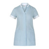A light blue tunic with short sleeves and white trim, featuring two front pockets and a simple collar.
