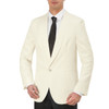 A man in an elegantly tailored ivory blazer with a black tie, featuring a single button closure and a branding logo.