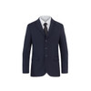 A navy jacket featuring a notched lapel, three buttons, and two front pockets. It has a white shirt and tie underneath.