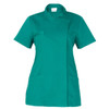 A teal tunic featuring a mandarin collar, short sleeves, and front pockets. It has a logo on the label.