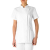 A white tunic with short sleeves, featuring a curved front and two side pockets, has a branding logo.
