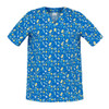 A blue tunic featuring a playful pattern of various medical-themed icons in yellow and white. It has a logo on it.