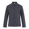 A striped navy jacket with a mandarin collar and button closure, featuring two front pockets and a logo.