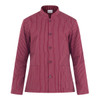 A red and white striped jacket with a mandarin collar and front buttons, featuring two side pockets.
