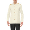 A white jacket with gold shoulder epaulettes and button detailing, featuring a high collar and long sleeves.