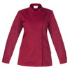 A maroon Amanda Tunic with long sleeves, a high collar, and two front pockets. The garment features a logo.