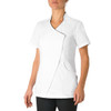 A white tunic with short sleeves and a crossover front design, featuring side pockets and a logo.