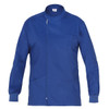 A blue tunic featuring a zip closure, collar, and side pocket. It has a branded label on the inside.