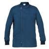 A navy blue tunic with a stand collar, front zip, and a chest pocket. It has a logo tag on the side.