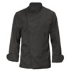 A black chef jacket with long sleeves and a folded collar, featuring a simple and stylish design.