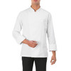 A white chef jacket with a mandarin collar and long sleeves, featuring a single front pocket.