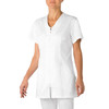 A white tunic with a zip front and short sleeves, featuring two side pockets.