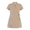 A short-sleeved, beige kimono-style uniform with a tie waist and front pocket, designed for salon and spa use.
