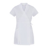 A white Paola Kimono with short sleeves and a tie waist, designed for salon and spa uniforms.