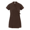 A brown kimono-style uniform with short sleeves and a wrap design, featuring a tie at the waist and front pockets.