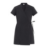 A black salon kimono with short sleeves, a wrap design, and a tie belt, featuring side pockets and a branding logo.