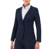 A navy blue tailored jacket with a fitted design, featuring a single-button closure and pockets.