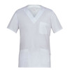 A white tunic with a V-neck, short sleeves, and front pockets. It features a logo on the label.