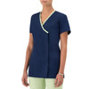 A navy tunic with a v-neck and light green trim, featuring short sleeves and a pocket.