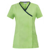 A short-sleeved tunic in light green with a navy trim and two front pockets. It features a crossover neckline and has a logo.