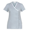 A grey tunic with short sleeves and a wrap design, featuring white trim and pockets. Includes a logo.