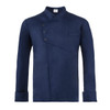 A navy blue chef jacket featuring a unique asymmetrical design and a chest pocket. It has three decorative buttons.