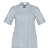 A light blue short sleeve tunic featuring a mandarin collar and two front pockets. The tunic has a logo on it.