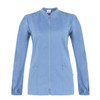 A light blue tunic with a zip front, long sleeves, and two front pockets. It features a simple design and branding.