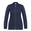 A navy blue tunic featuring a zip front, long sleeves, and two side pockets. It has a simple, sleek design.
