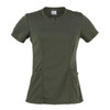 A dark green tunic with short sleeves, featuring a V-neck and two side pockets. It has a logo on the label.