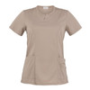 A beige tunic with a short sleeve, featuring two front pockets and a round neckline. It includes a logo.