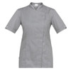 A grey tunic with short sleeves, a mandarin collar, and white piping details. It features a side pocket and a branded logo.