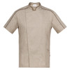 A tan Valerio Tunic with short sleeves, a high collar, and a side pocket. It features dark piping detail and a logo.