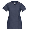 A navy blue Alina Tunic with short sleeves and a V-neck design, featuring a snap button closure and a pocket.