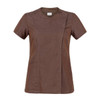 A brown tunic featuring a v-neck, short sleeves, and a button detail, with a pocket on the front.
