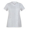 A white tunic featuring a V-neck, short sleeves, and button detailing, with a side pocket and a logo.
